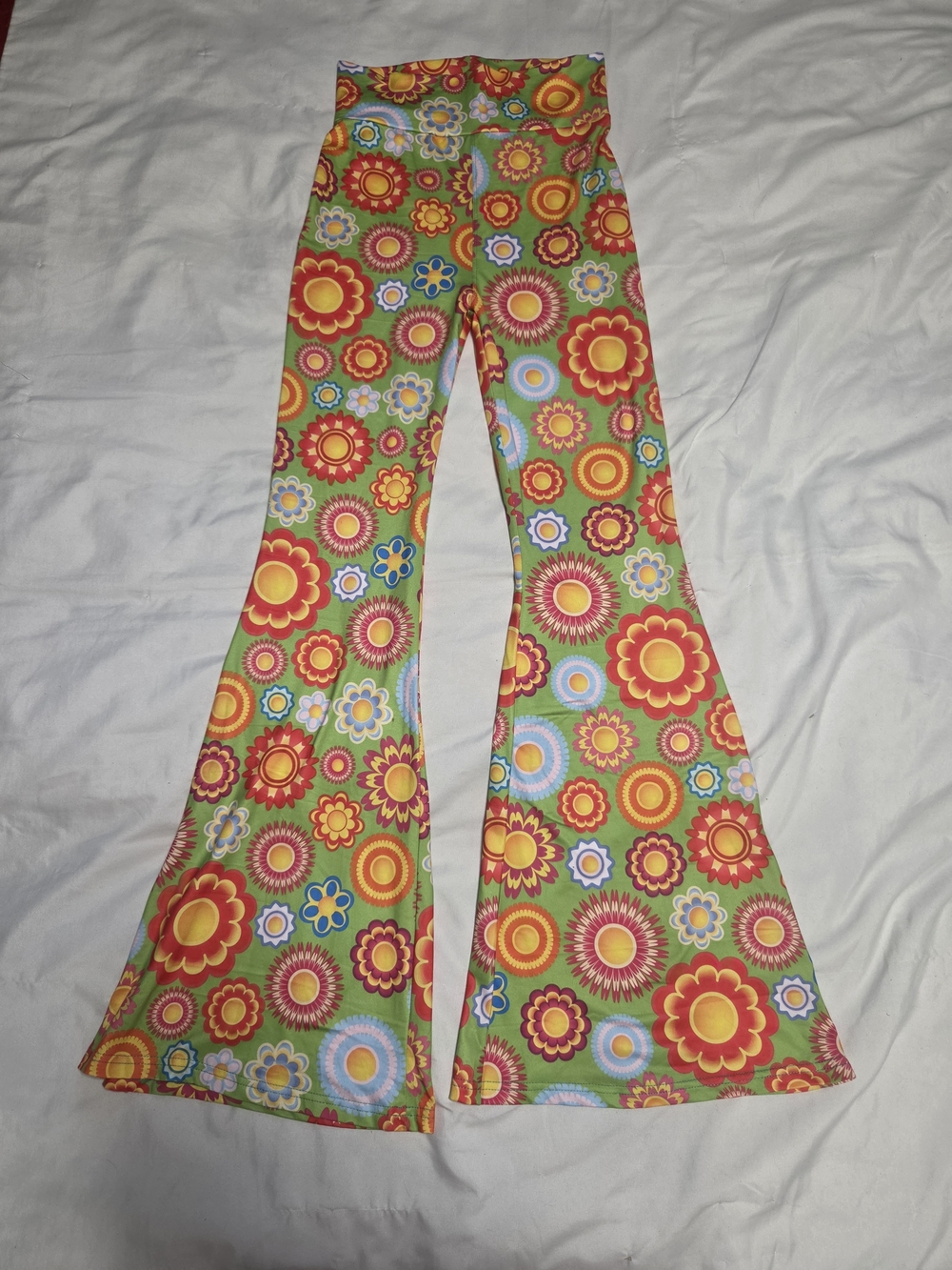 Retro Floral Flared Leggings - Green/Multicolor